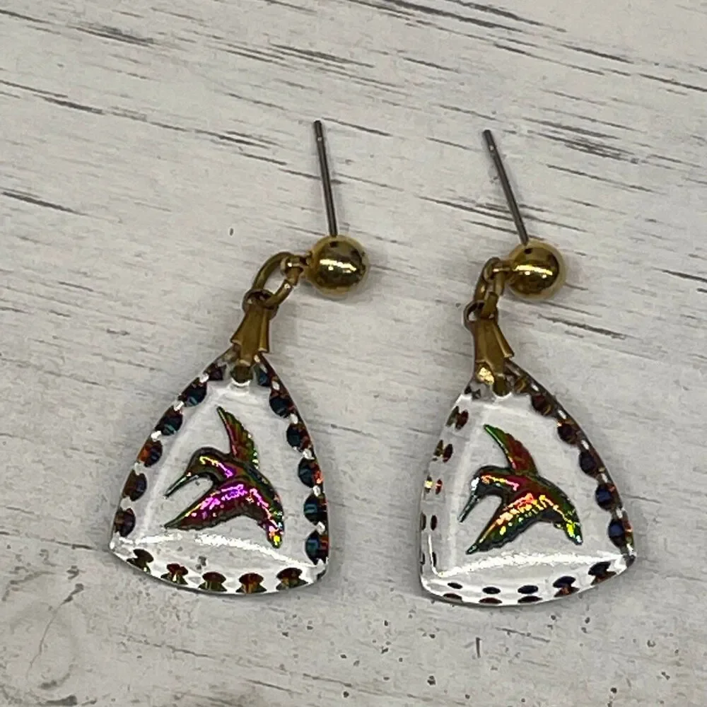 Glass Hummingbird Drop Dangle Earrings Hand-Painted Iridescent Design